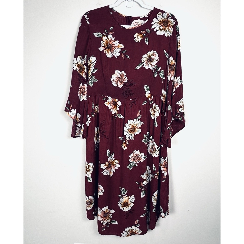 Stevie Hender Maroon Floral Boho Midi Dress Medium Cottage Core 3/4 Sleeve Zip